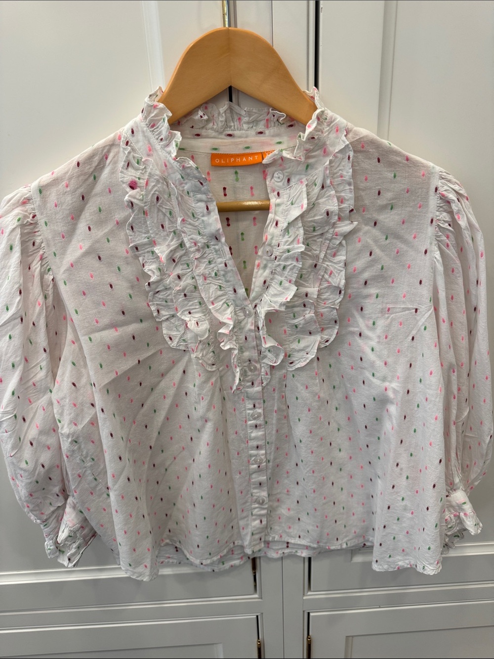 Oliphant White Blouse with Pink and Green Dot Print